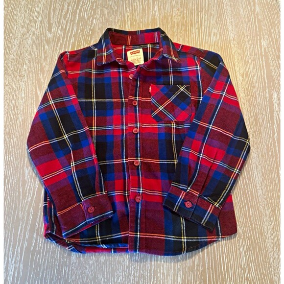 Levi's Other - Levi's Kids Red Blue Plaid Flannel Cotton Long Sleeve Button-Up Shirt 6-7 yrs